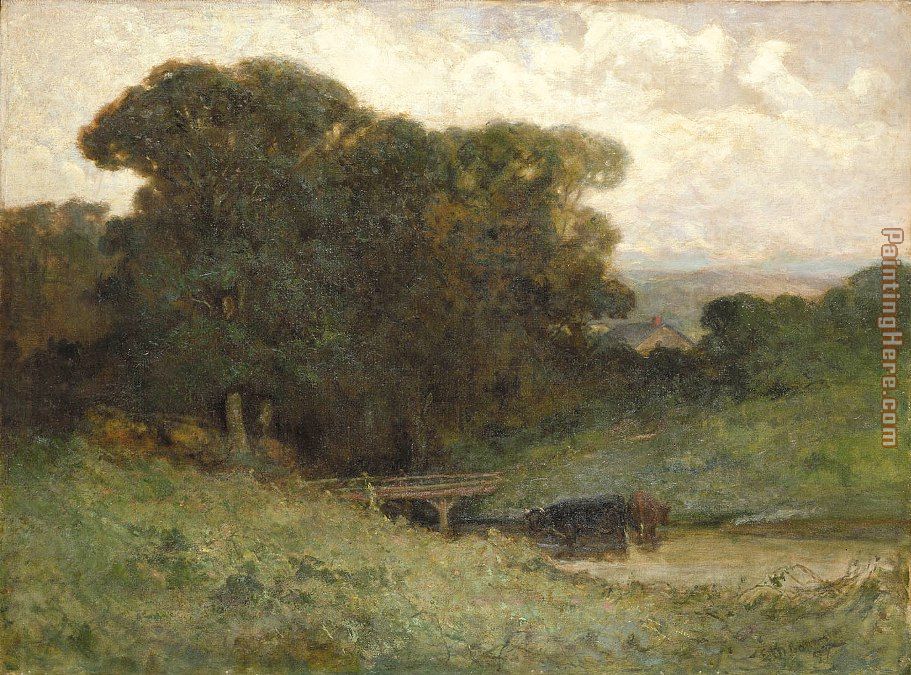 forest scene with bridge, cows in stream in foreground painting - Edward Mitchell Bannister forest scene with bridge, cows in stream in foreground art painting